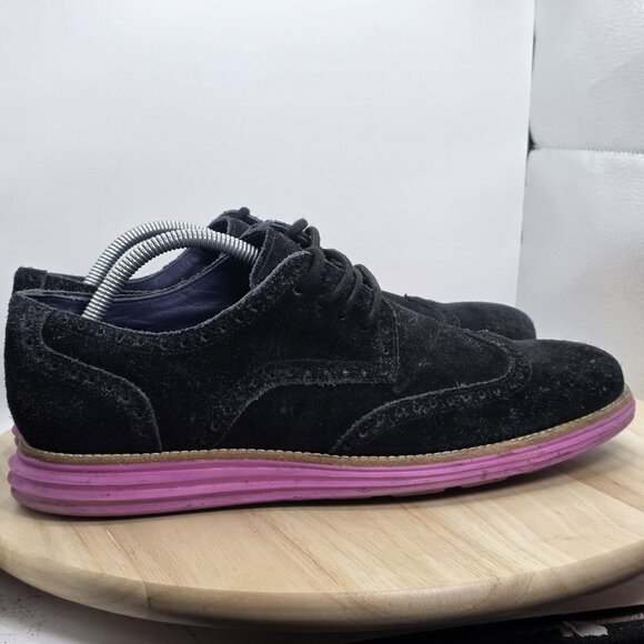 COLE HAAN Men's Lunargrand Leather Black Suede Wingtip Pink Oxford Shoes 10 - Picture 3 of 9
